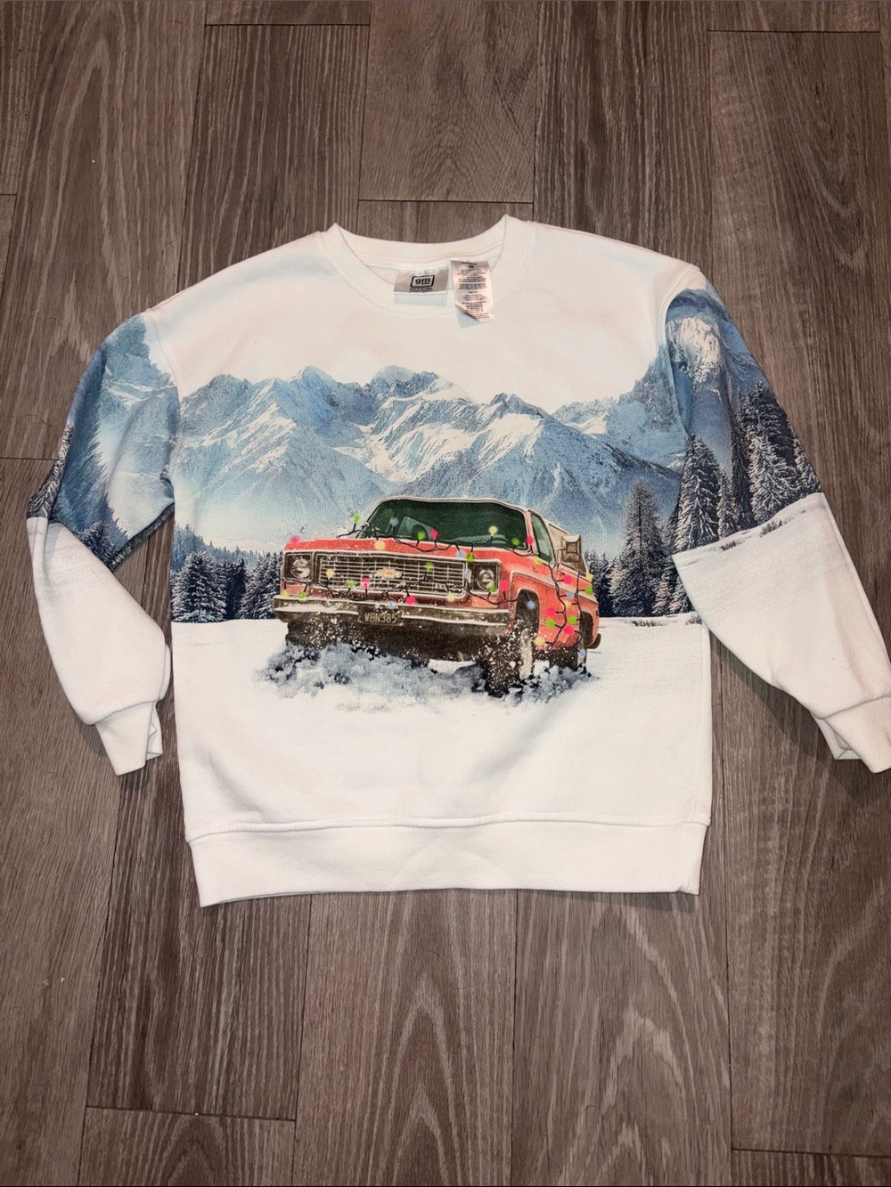 Boys- White Crewneck Sweater with Vintage Red Truck and Mountain Print